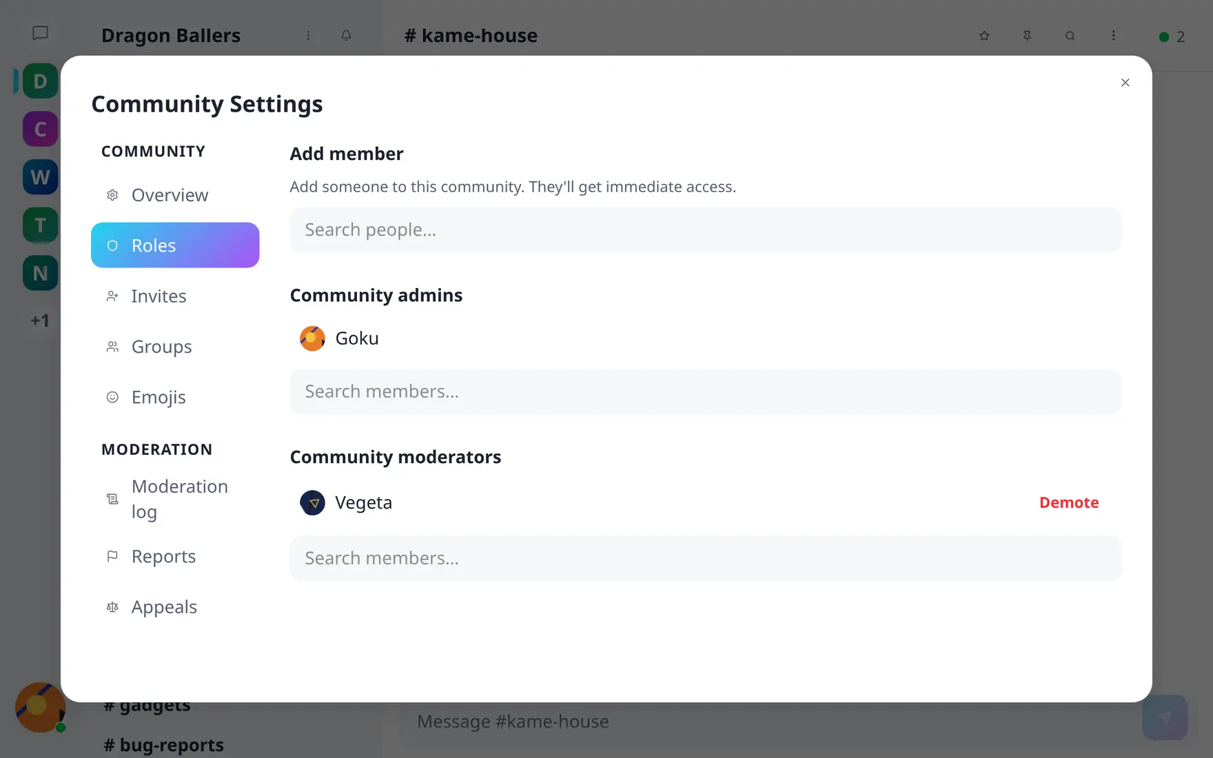 The Roles tab of community settings listing admins and moderators with demote buttons and a member picker