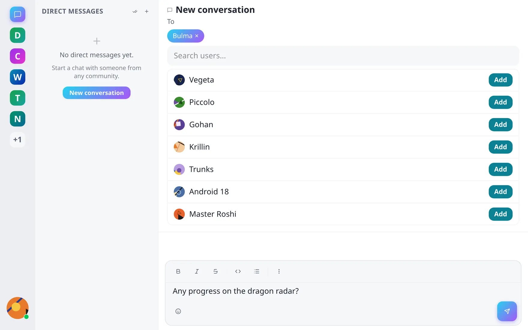 The new-conversation screen with a recipient chip, a user list with Add buttons and the first message typed