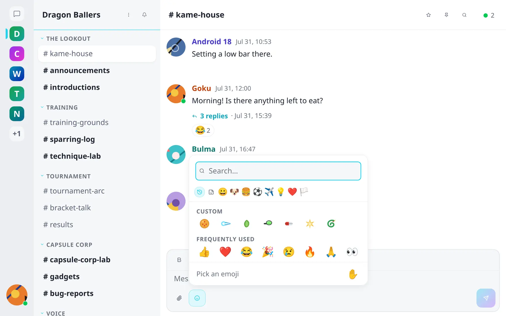 The emoji picker open above the composer with a search box, community emojis and a frequently-used row