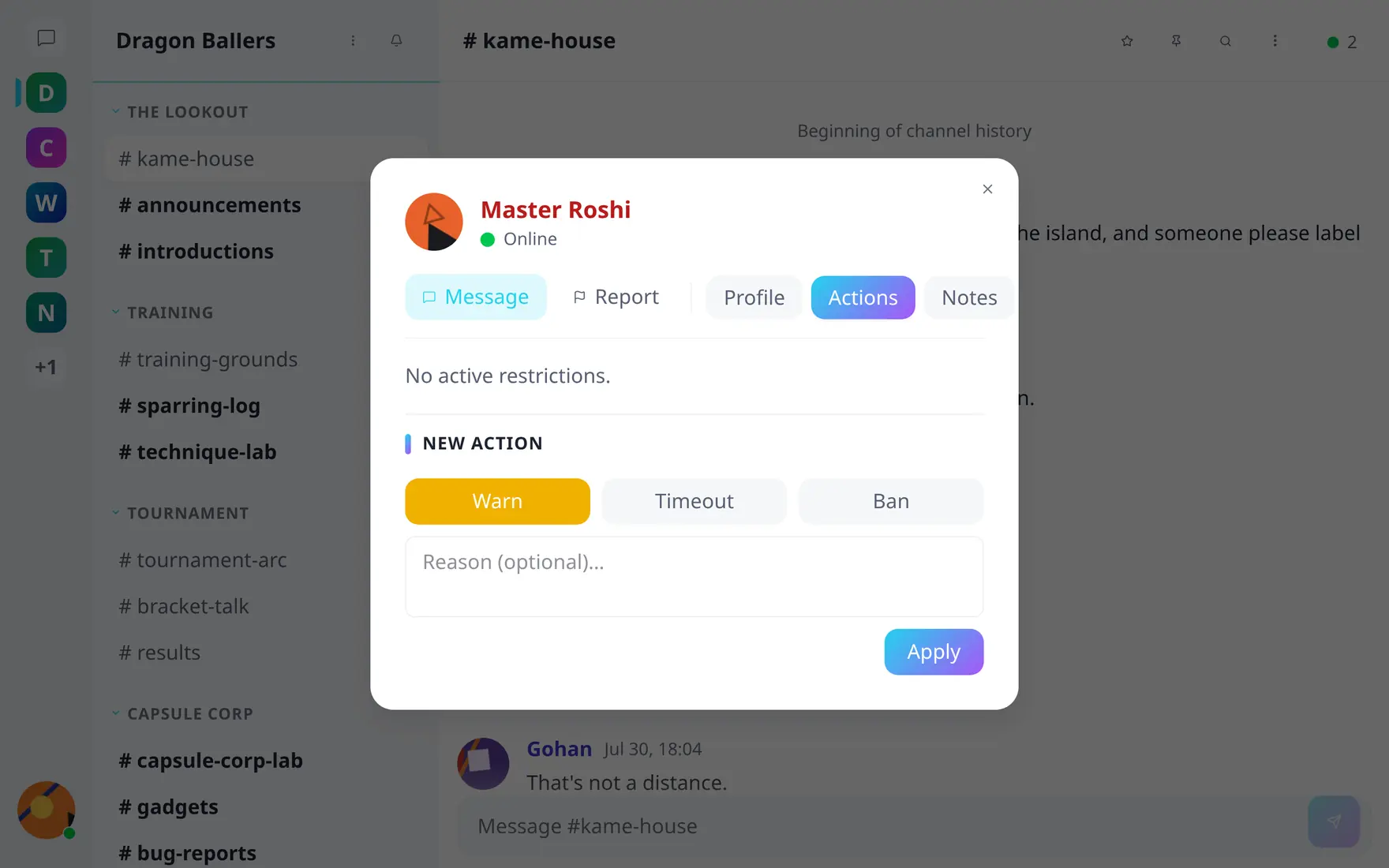 The user moderation dialog with Warn, Timeout and Ban action tiers and a reason field