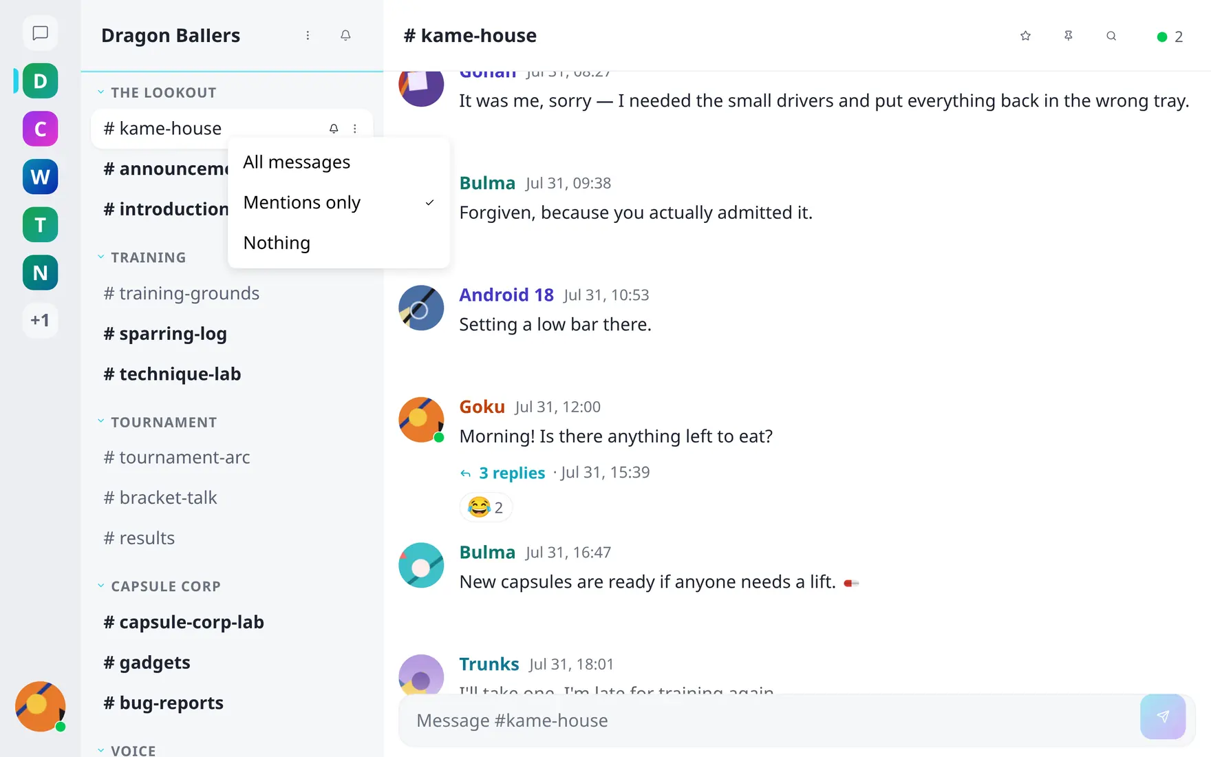 The per-channel notification menu open in the sidebar with All messages, Mentions only and Nothing options