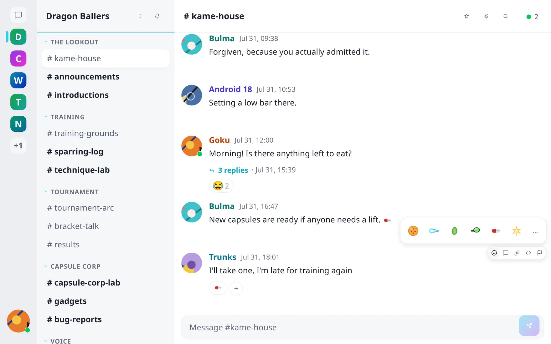 The quick reaction picker open over a message that already carries a reaction pill