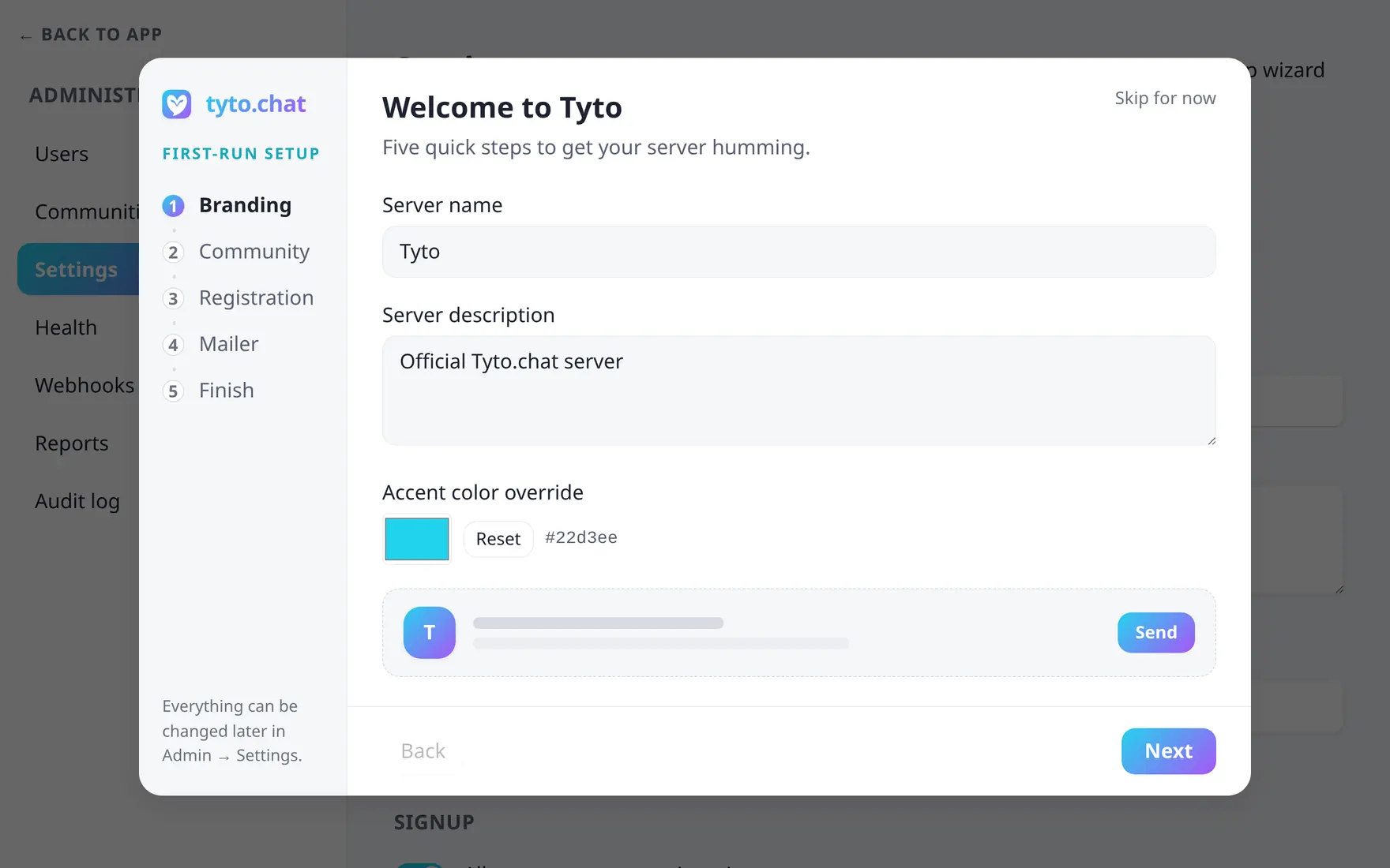 The first-run setup wizard on its Branding step, with the step rail on the left and a live accent preview