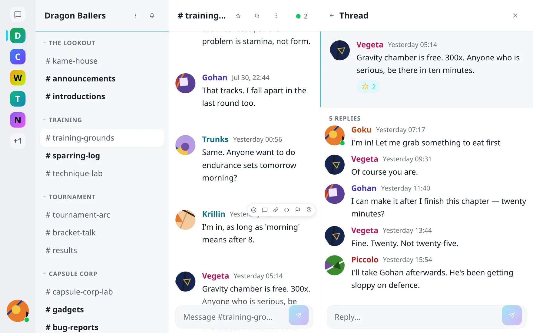 A thread panel open beside the channel timeline