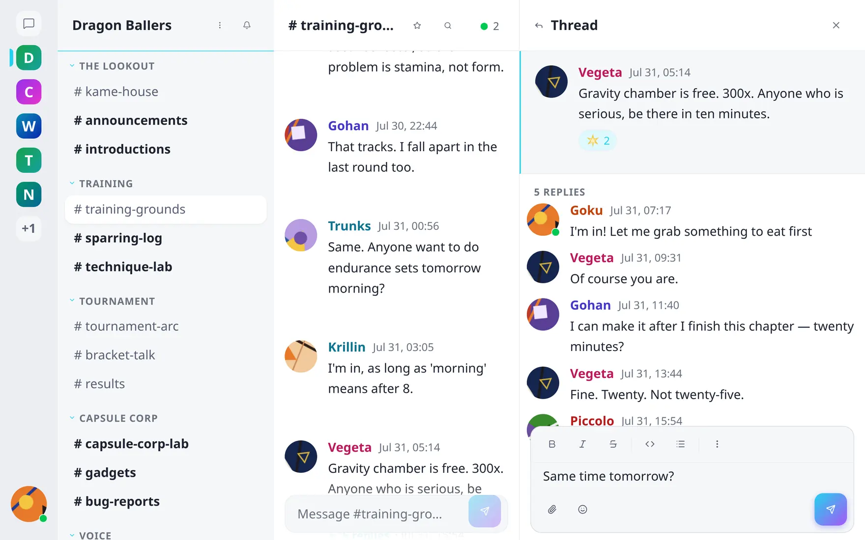 The thread panel with a reply typed into its own composer under the existing replies