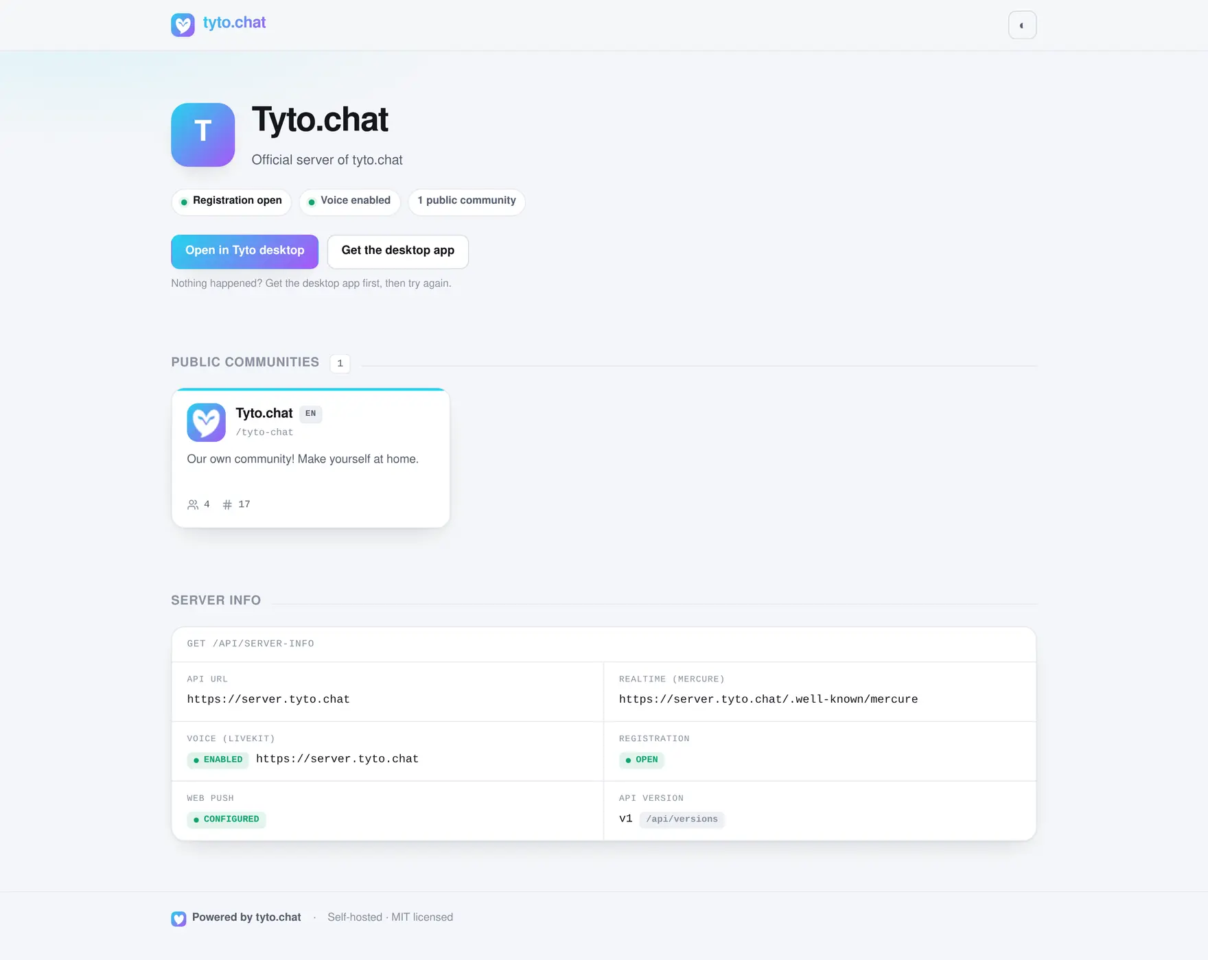 The homepage a Tyto server serves at its API domain: server name and status badges, buttons to open it in the desktop app, the list of public communities and the server-info card